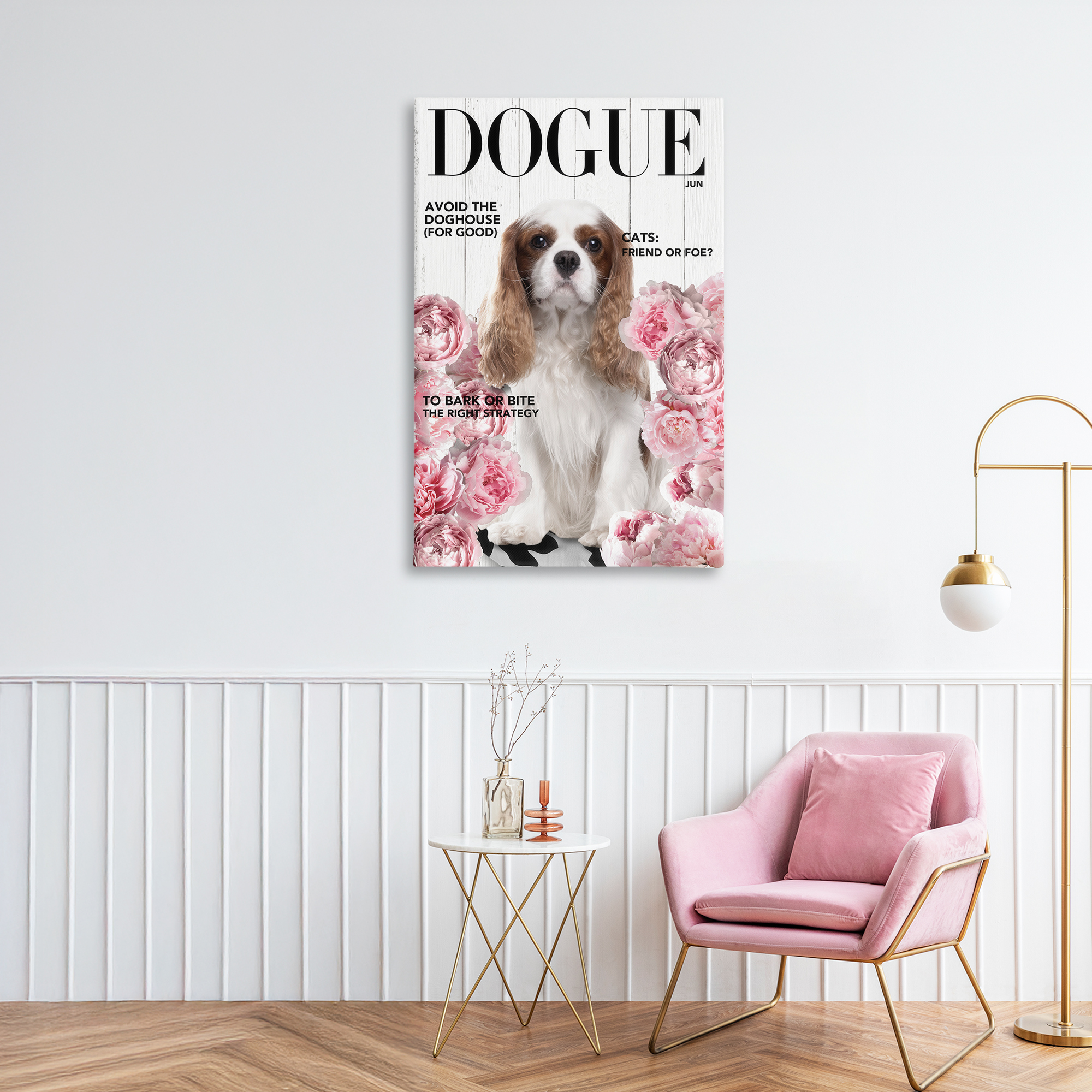 Funny Floral Dog Magazine Canvas Wall Art, design by Sasha
