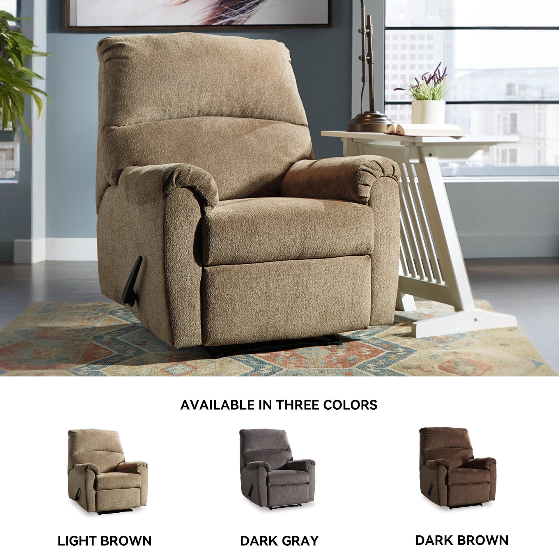 Signature Design by Ashley Nerviano Zero Wall Recliner, Mocha Textured Fabric, Space-Saving Wall Hugger Reclining Chair for Small Spaces Living Room