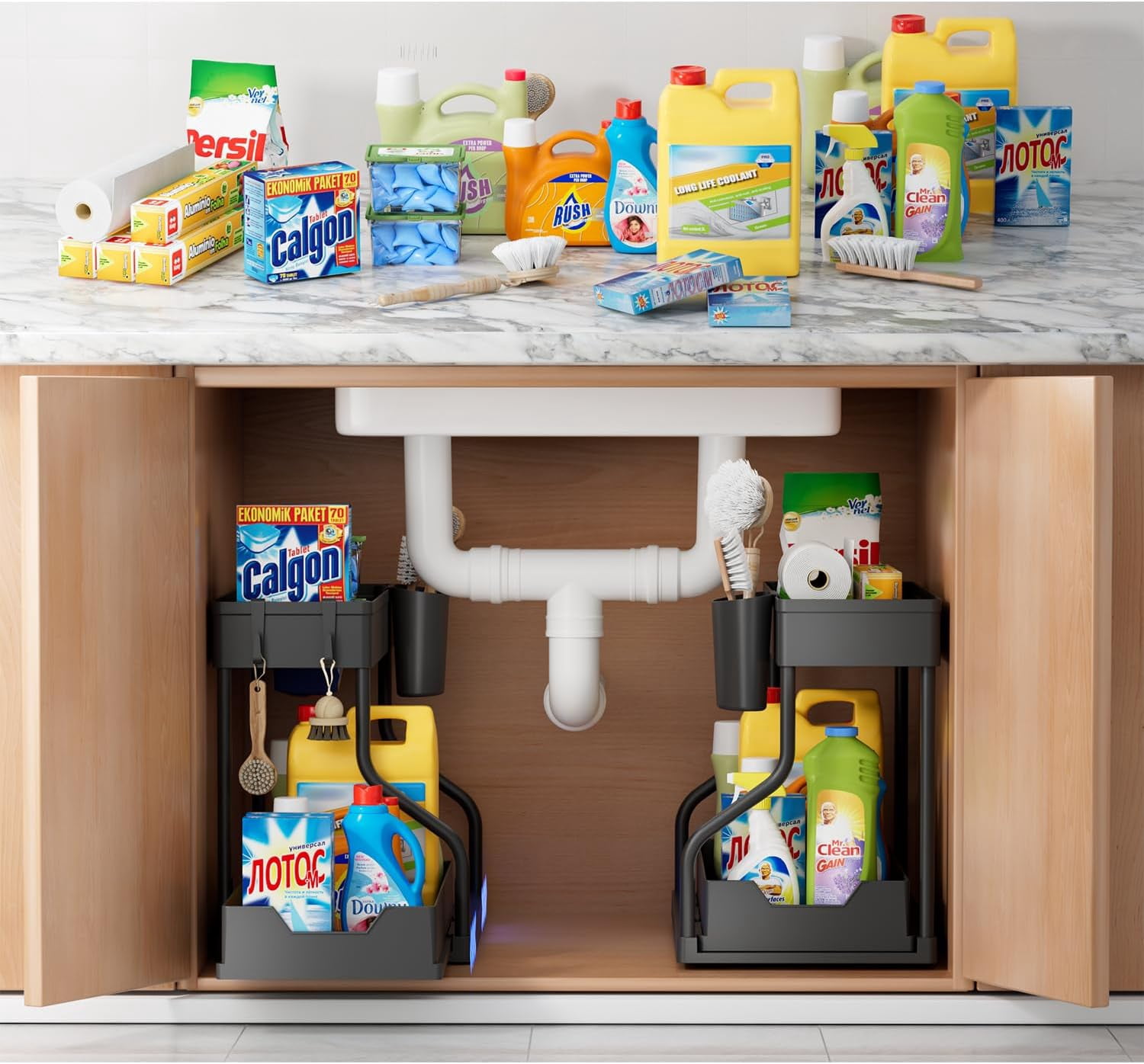2 Set of 2-Tier Bathroom and Kitchen Under Sink Organizers and Storage - L-Shaped Design with Sliding Storage Drawer, Pull Out Cabinet Storage Shelves Maximize Space