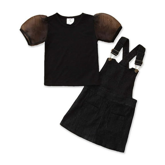 Elainilye Fashion Toddler Kids Baby Girls Outfits Puff Sleeve Solid Color Tops And Denim Suspender Skirt Two Piece Set,Black
