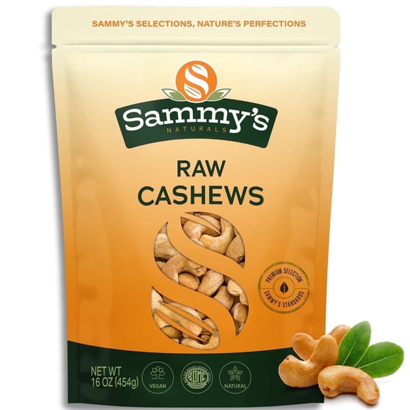 Sammys Naturals Raw Cashews, Unsalted, Whole, Non-GMO, Vegan, Kosher, Gluten-Free, Keto (16oz - 1 lb)