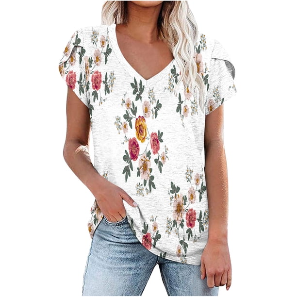 Camiseta de Manga Corta Suelta con Cuello en V Impresa, Blusa Casual para el Hogar Y el Uso Diario