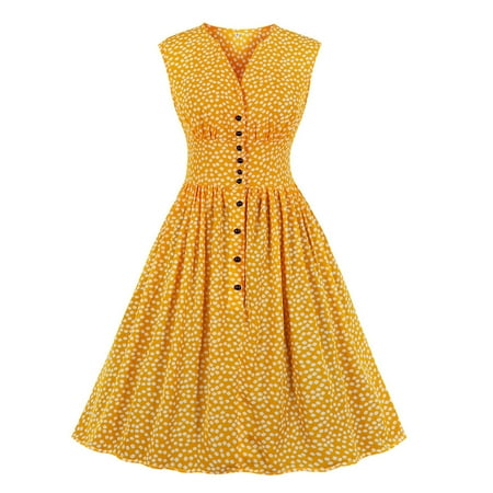 

amlbb Summer Dresses for Women 2023 Women s Summer Split Neck Mid Waist Floral Button Printing Vintage Tea Dress Dresses on Clearance