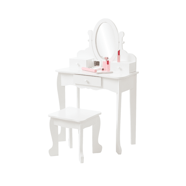 Kojooin Coiffeuse pour Enfants avec Miroir et Tabouret - Table de Maquillage Princesse en Bois, Miroir à Angle Réglable, Ensemble de Jeu de Rôle avec Rangement/tiroirs