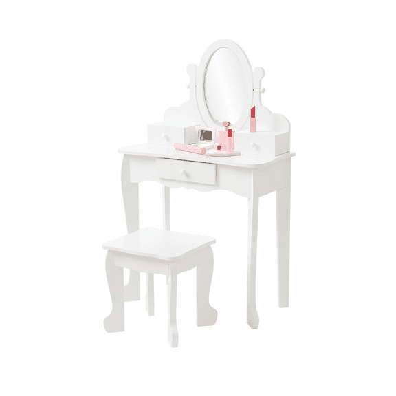 Kids Vanity and Stool, Girls Vanity Table and Chair Set, Princess Vanity with Storage Drawers, Oval Mirror and Makeup Playset to Play Dress-Up, Wooden Play Makeup Dressing Table for Ages 4-9