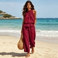thumbnail image 6 of Women's Linen 2 Piece Outfits Summer Loungewear Sleeveless Ruffle Top Wide Leg Pants Beach Travel Sets, 6 of 6
