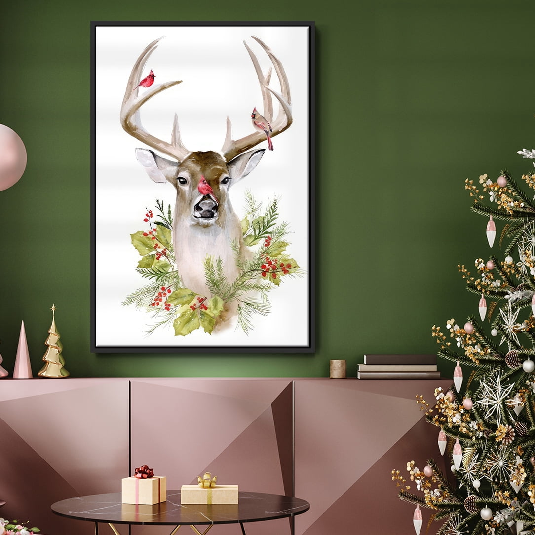 Holiday Deer Collection B - Framed Gallery Wrapped Holiday Canvas - 17 x 25 - Black Frame