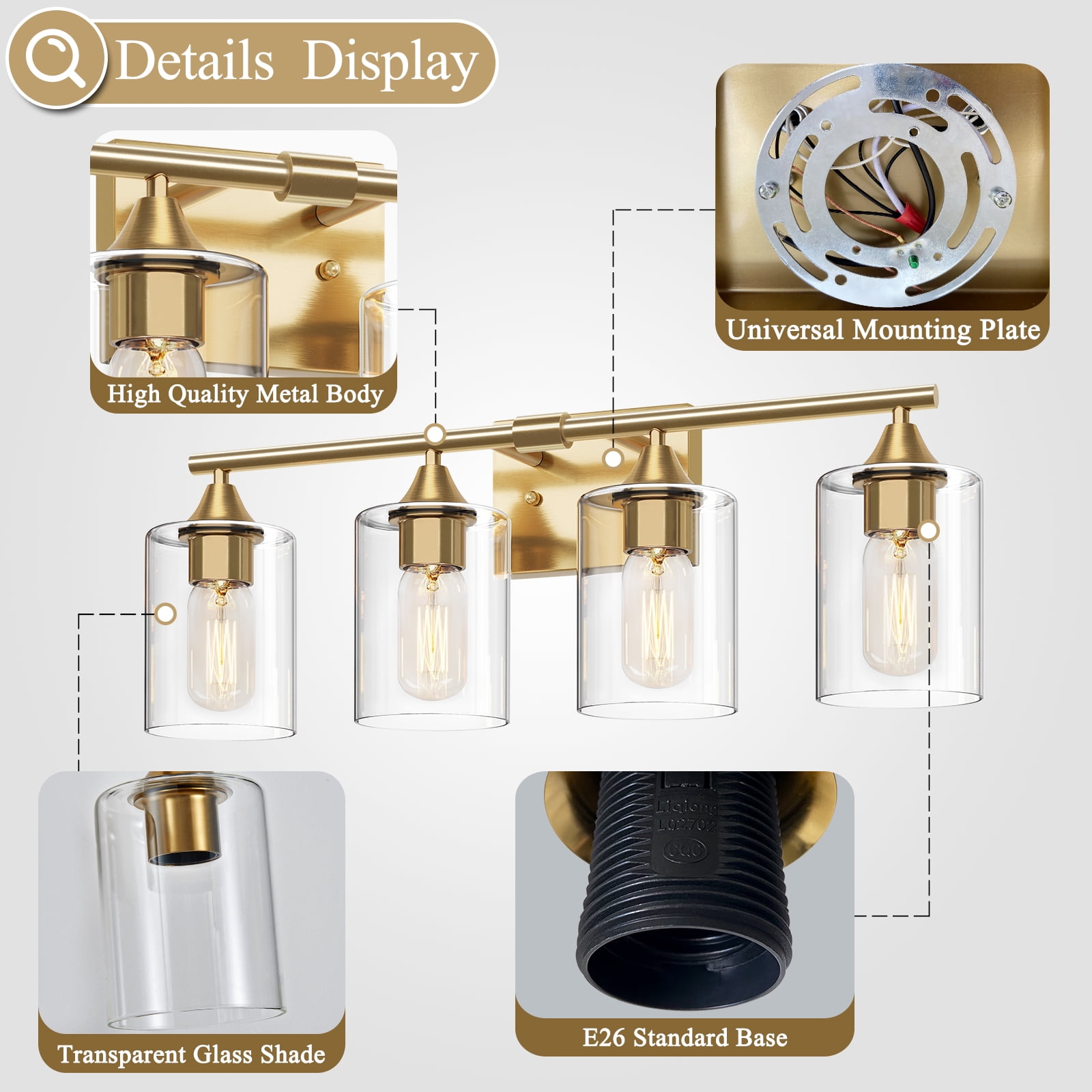 Bathroom Vanity Light 4 Light, Brushed Gold Metal with Clear Glass Shade for Bathroom Dressing Room, No Bulbs Included