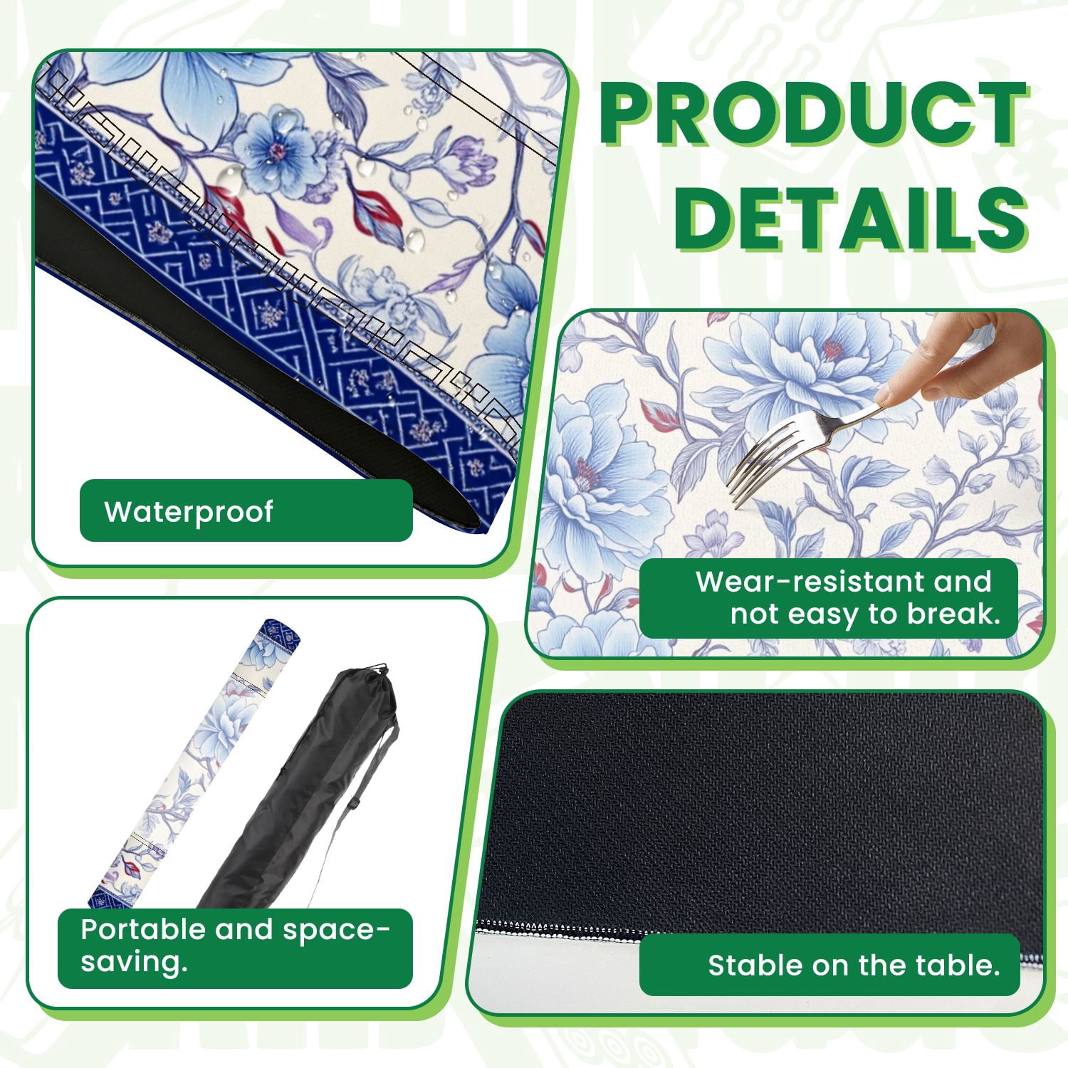 Mahjong Mat 31.5" x 31.5" Elegant Blue Floral Decorative Border Cream Non-Slip Noise Reduction American Mahjong Tiles Table Cover for Dominoes Poker Card Board Games Gift