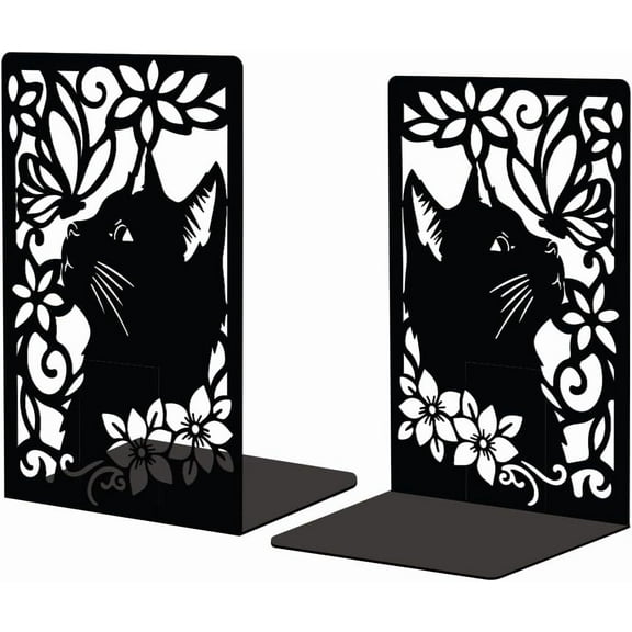 Metal Bookends for Shelves Modern Decorative Heavy Duty Study Book Support Stoppers for Office Desk Shelf Room 5.3"x4.3"x7.9" Cast Iron Simple Tall Bookends 1 Pair (Cat and Butterfly) Black