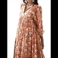 thumbnail image 3 of Vestido Midi Holgado Informal de Verano para Mujer, con Escote en V, Cordones, Media , Estampado Geométrico Bohemio Color Naranja M, 3 of 6