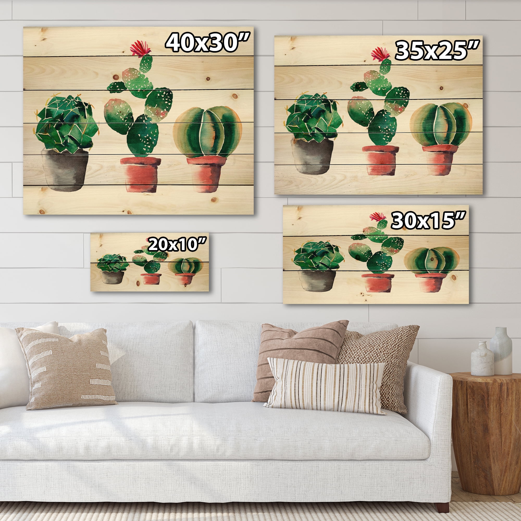 Designart 'Three Cacti In Clay Pots On White' Botanical Print on Natural Pine Wood