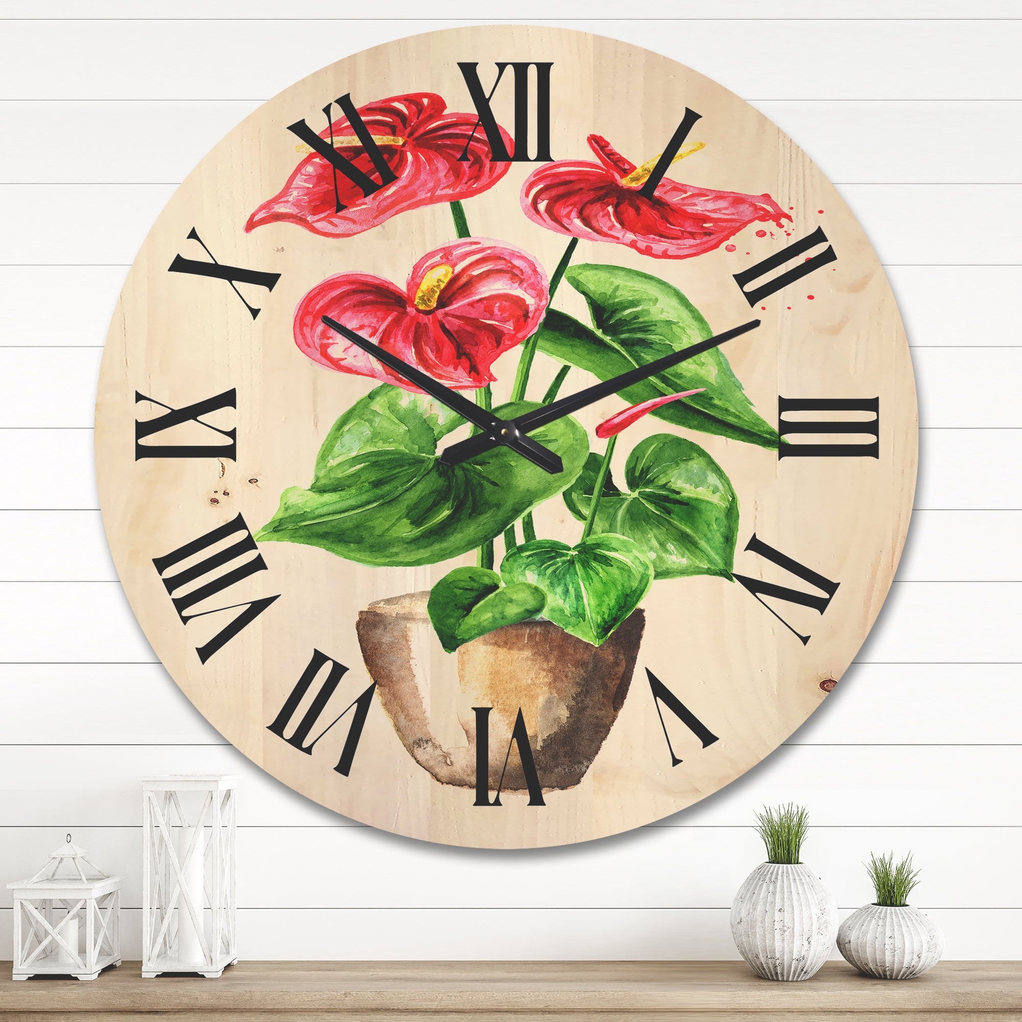 Designart 'Anthurium Tailflower In The Pot' Traditional Wood Wall Clock