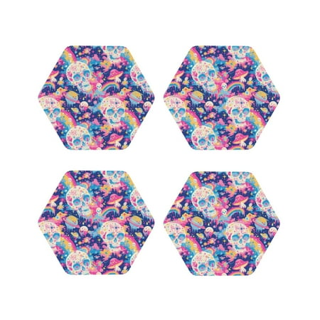 

Drink Coasters Set of 4 Skull rainbow color space Leather Coasters for Coffee Table Protector Heat Resistant Cute Coasters for Home Decor Housewarming Gifts Bar Kitchen 4 Inch Hexagon