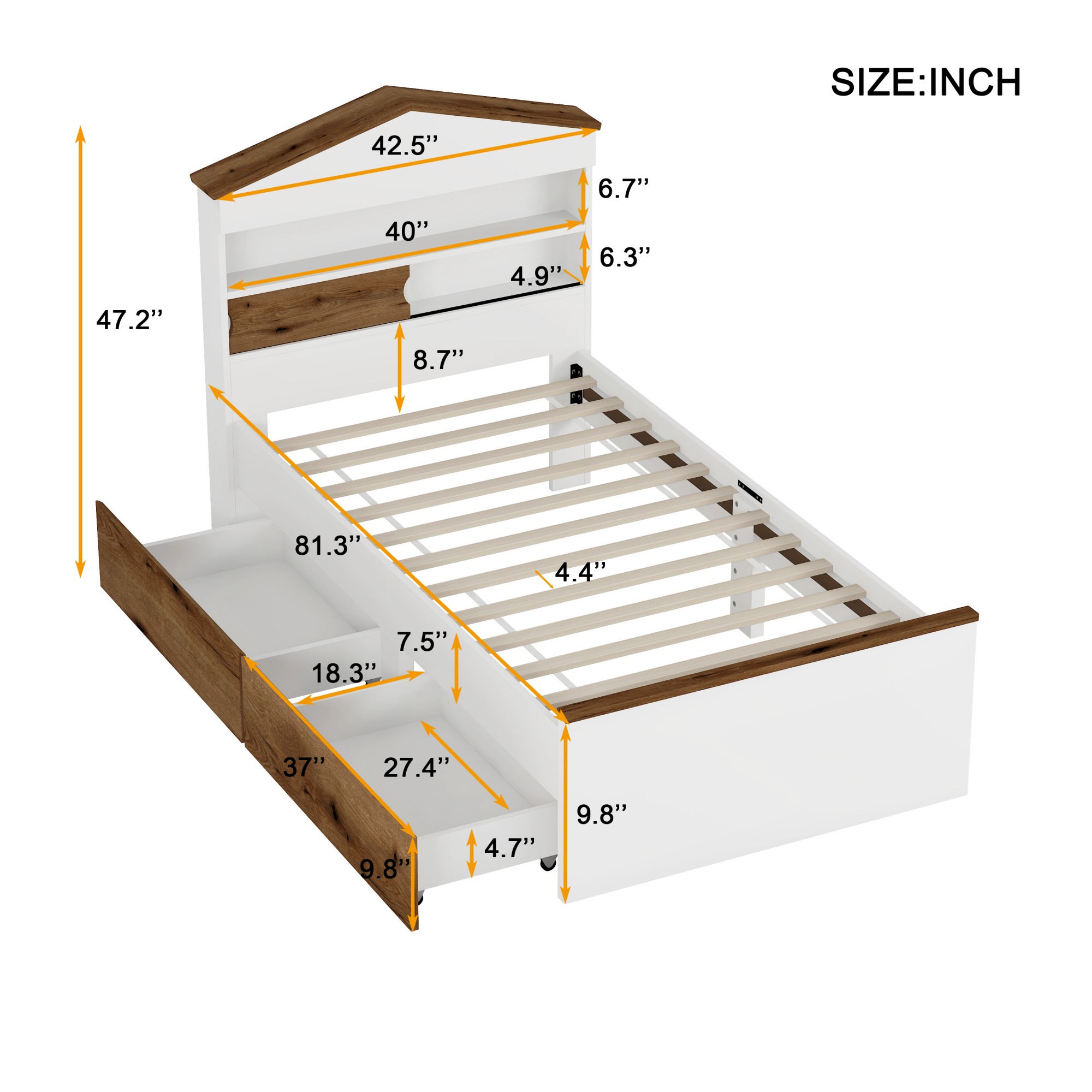 Aukfa Twin Platform Bed with 2 Drawers, House-Shaped Storage Headboard with Shelves for Kids, Brown