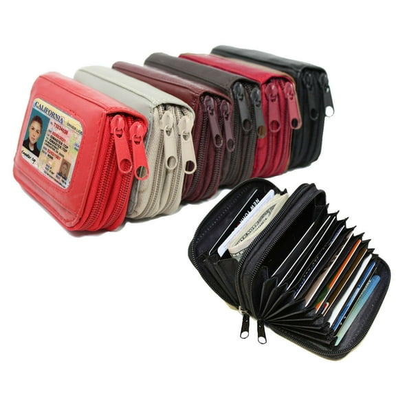 RFID Blocking Genuine Leather Women's Accordion Wallet 2 Zip Fan Open Coin Credit Card Holder-Many Colors