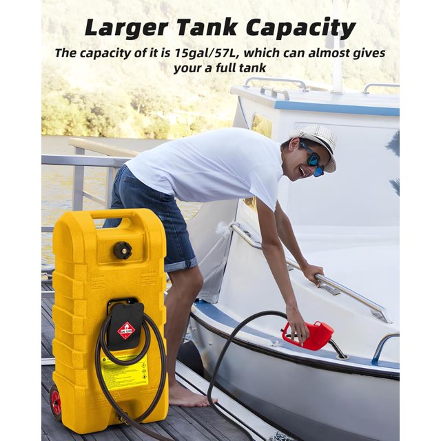 Royalbelle Réservoir de Transfert Utilitaire à Roues de 15 Gallons, avec Pompe Manuelle, Contenant Roulant Portable avec Boyau de 10 Pieds pour Équipement, Tracteurs, Bateaux, Jetskis, Jaune