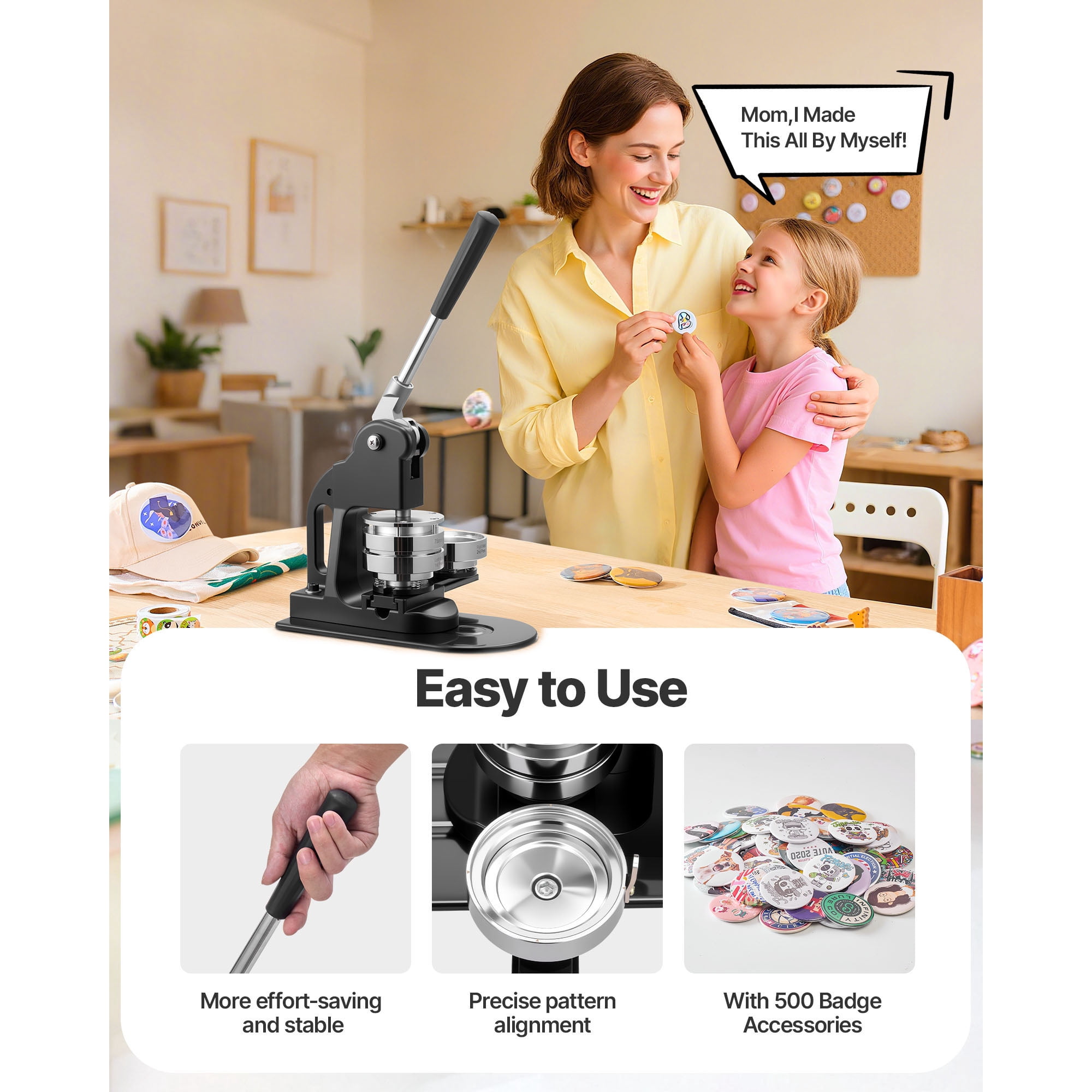 KFFKFF Button Maker Machine, 3-in-1 Badge Press with 500 Button Components, Circle Cutter, Hex Tools, and Instruction Manual, Comfortable Grip, Ideal for Custom Badges, Pins, and Keychains, Black