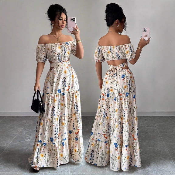 2026 Summer New Women's Off Shoulder Puff Sleeve Cutout Waist Back Tie Tiered Floral Print Maxi Dress