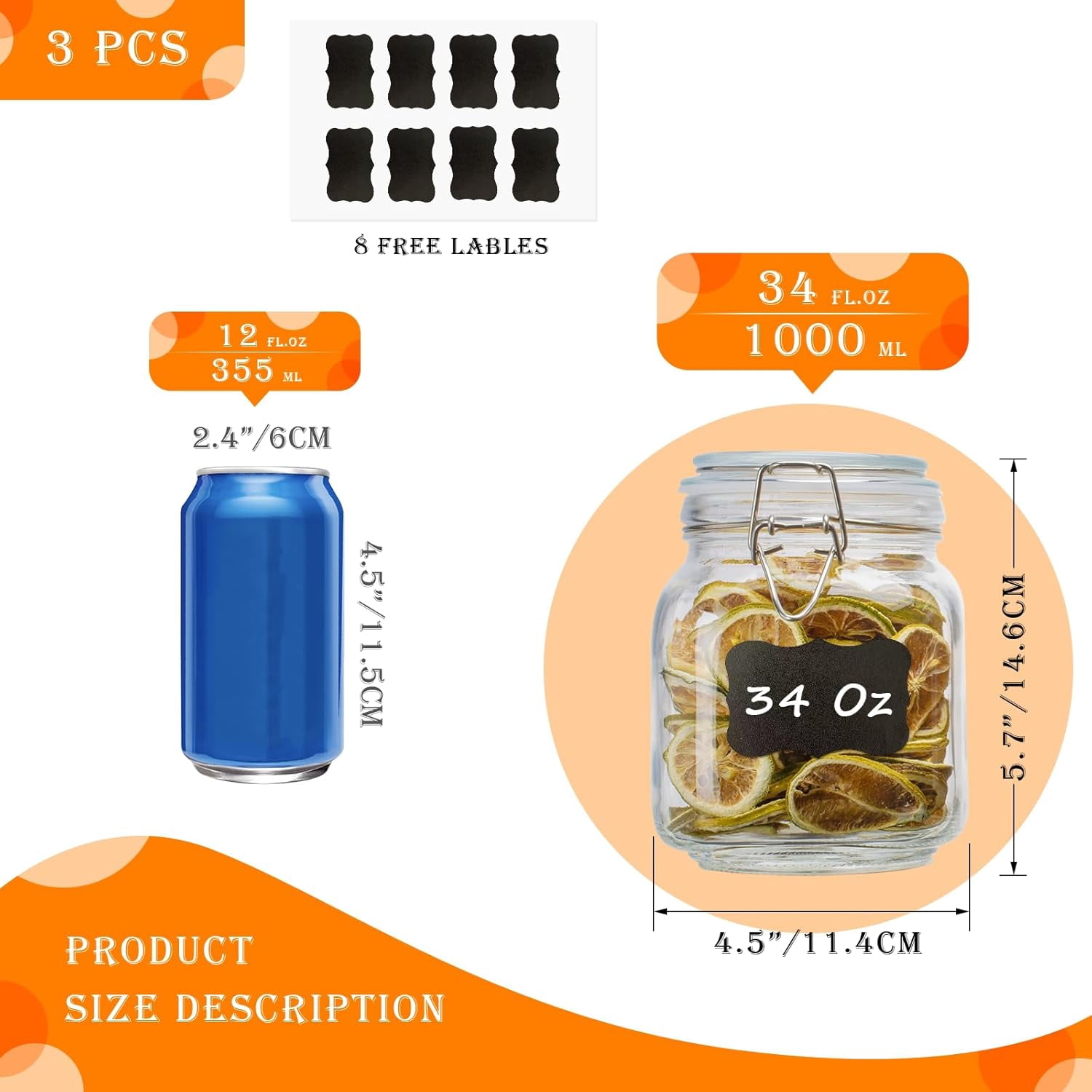 Panzexin 34oz Square Glass Food Storage Jars with Airtight Clamp Lids, 3 Pack Kitchen Canisters for Flour, Cereal, Coffee, Pasta and Canning,  Mason Jar (Clear 34oz Square - 3 sets)