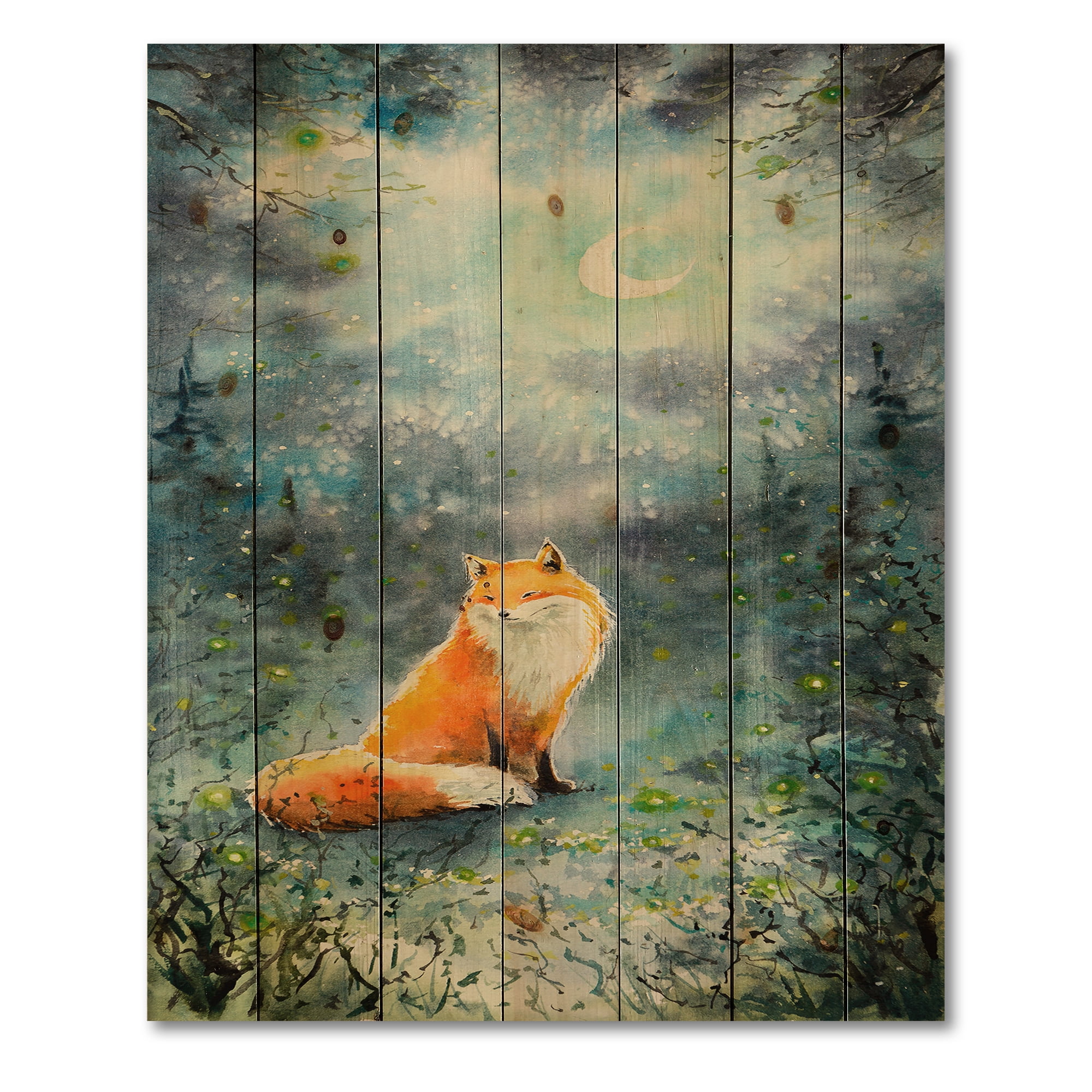Designart 'Fox Over A Night Sky With Moon' Children's Art Print on Natural Pine Wood