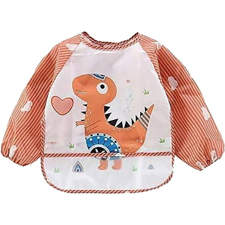 

Zlekejiko Waterproof inverted Long-sleeved 3 Bib pc -wearing Cartoon Striped Baby gown Baby Care