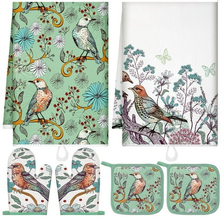 

Leinuosen 6 Pcs Kitchen Set Includes Decorative Kitchen Towels Functional Pot Holders Rustic Heat Resistant Oven Mitt Kitchen Sets for Cooking Baking Grilling Daily Use (Bird and Flower) C43