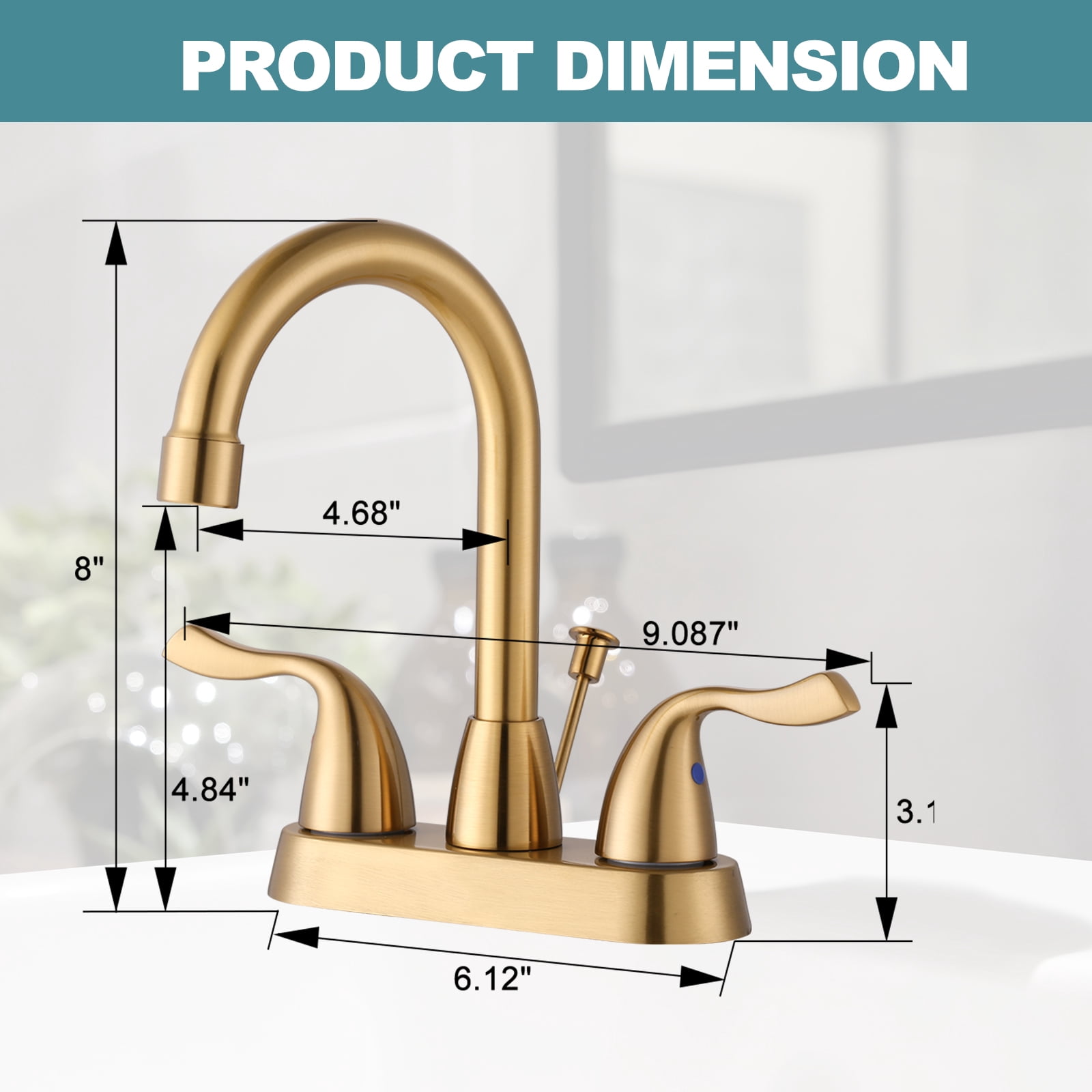 Brushed Gold Bathroom Faucet, WOWOW 4 inch Centerset Bathroom Faucet with Drain Assembly and Supply Lines, Gold Faucet for Bathroom Sink