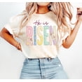 thumbnail image 3 of Faux Patchwork He Is Risen Shirt: Retro Quilted Christian Easter Tee, 3 of 5