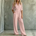 thumbnail image 4 of MexChoioe Womens Solid Color Lapel Button Jumpsuits 5 Sleeve Elastic Waist Pocket Wide Leg One Piece Outfits, 4 of 6