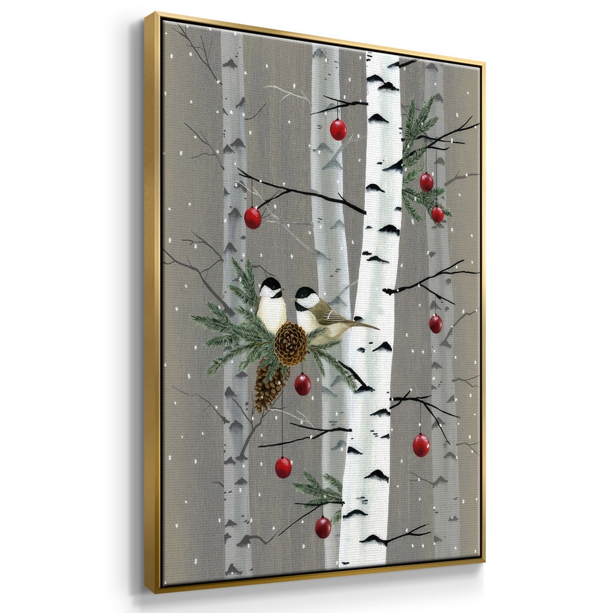 Birch Birds II - Framed Gallery Wrapped Holiday Canvas - 25 x 37 - Gold Frame