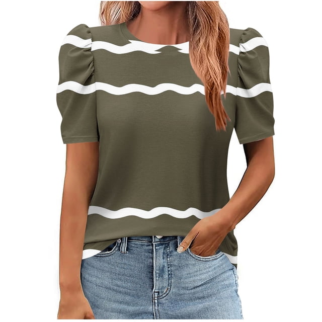 Pisexur Hauts pour Femmes, Hauts de Sortie pour Femmes & T-Shirt à Manches Courtes Col Rond Imprimé Haut Ample, Hauts de Printemps pour Femmes Vert Armée, L