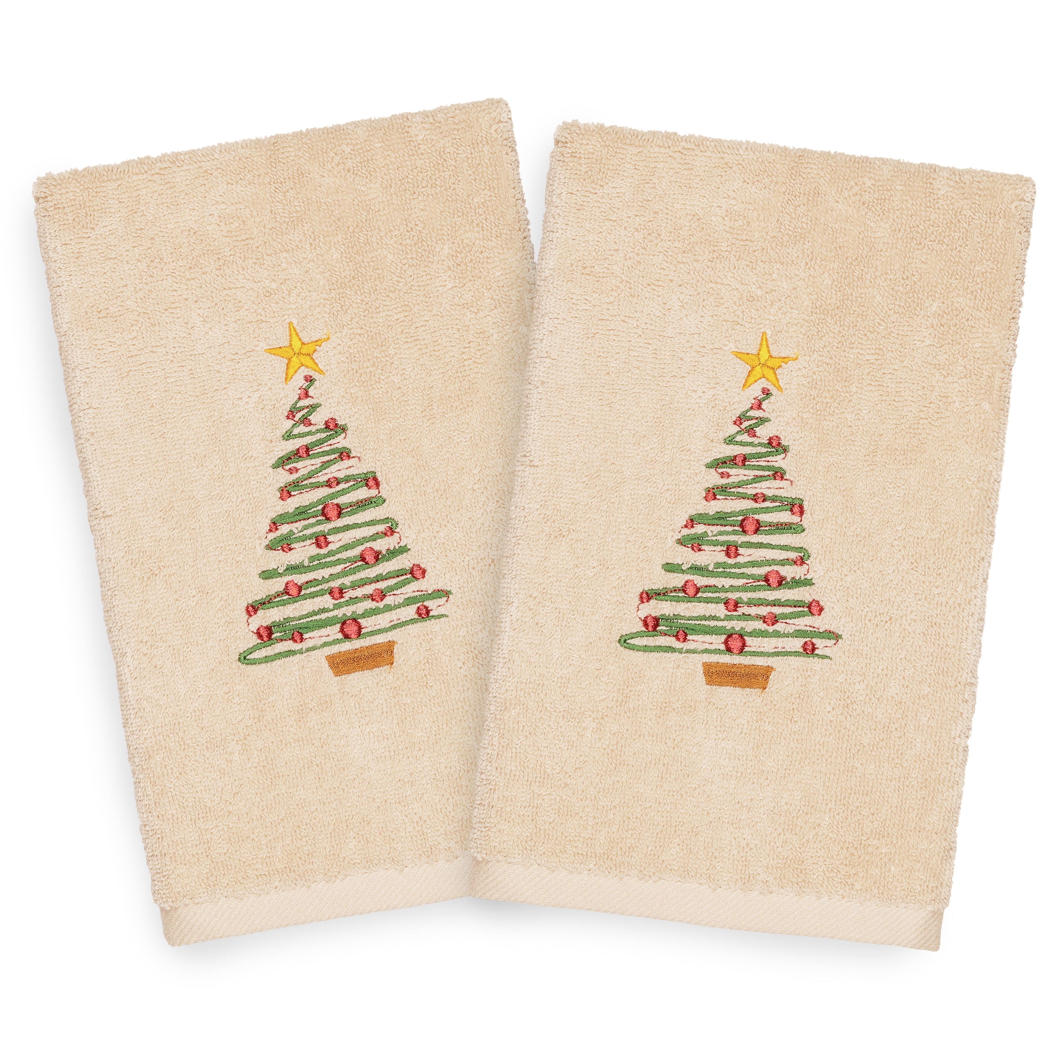 Linum Home Christmas Tree Embroidered Beige Turkish Cotton Hand Towels