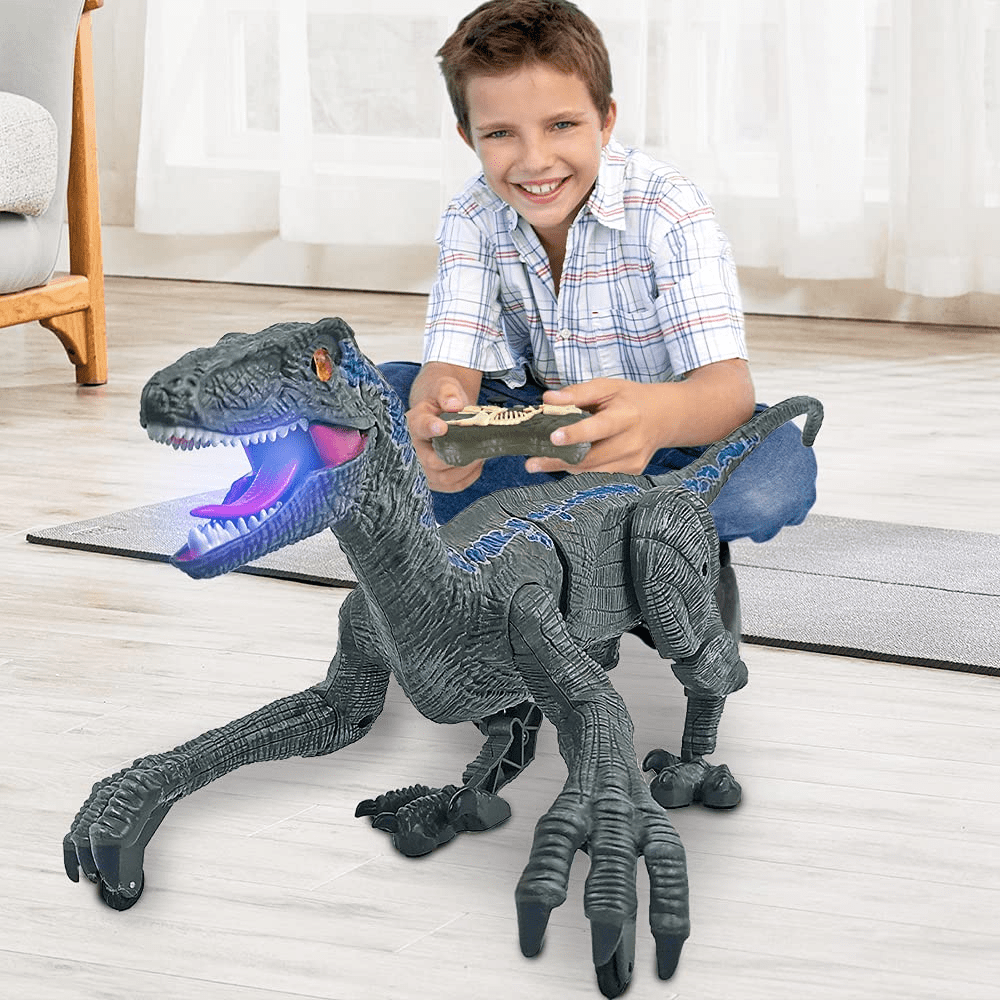 2.4GHz RC Walking & Roaring Realistic Velociraptor Dinosaur Toy with LED Light Gray Dance & Fight Mode GILOBABY Remote Control Dinosaur Toy Dinasour Gift for Boys Girls Kids Age 3 4 5 6 7 8 and Up
