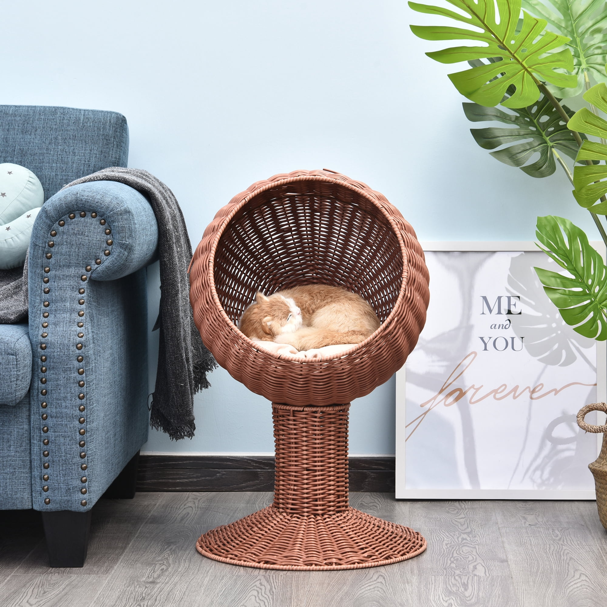 Elevated Cat Bed with Rotatable Egg Chair Pod, Cat Basket Bed with Thick Cushion, Natural Mat Grass Woven Kitty House, Brown