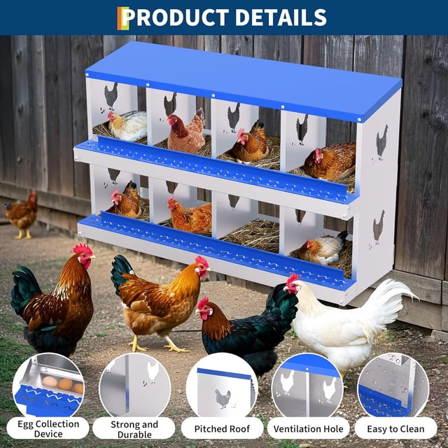 8-Hole Chicken Coop Nesting Box with Ventilation, Galvanized Steel for Hens & Ducks