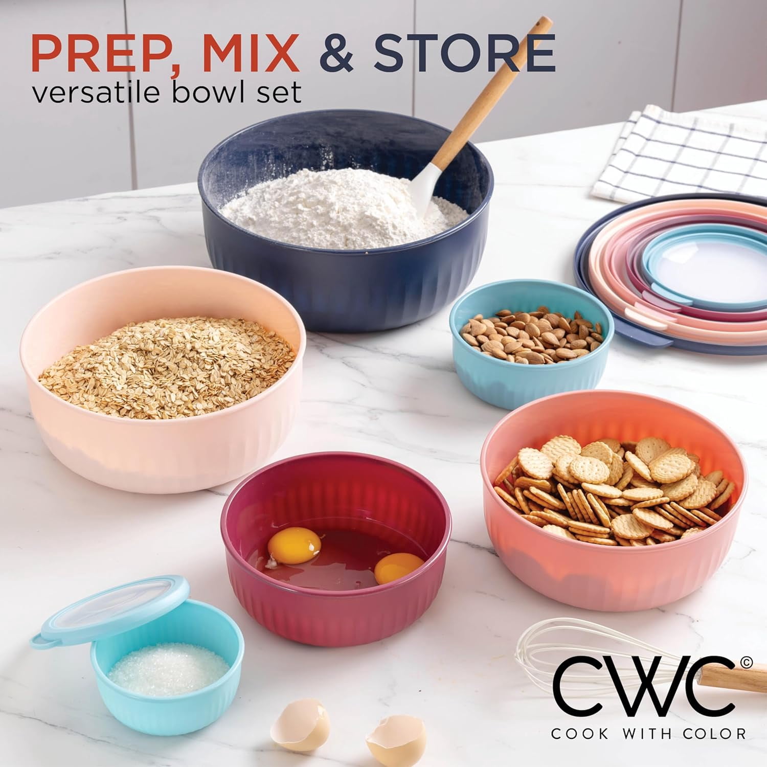 COOK WITH COLOR Meal Prep Containers Wide Mixing Bowls Food Storage Containers with Lids, Navy 12 Pcs