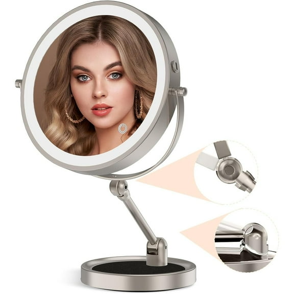 9" Large Lighted Makeup Mirror with 1X/10X Magnification, 4000mAh Rechargeable Vanity Mirror with Height Adjustable & 3 Color Dimmable Lights, 360°Swivel Double Sided Tabletop Cosmetic Mirror