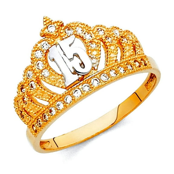 14k Yellow Gold and White Gold Quinceanera Sweet 15 Years Ring Size 7 Ring for Women - 2.4 Grams