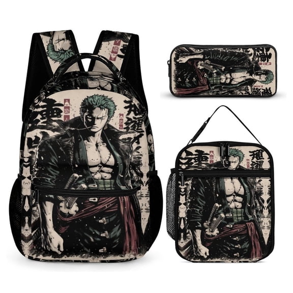 3-PieceOne Zoro Piece Large Capacity Anime Backpack with Lunch Bag & Pen Case | Casual Schoolbag for Travel, Outdoor, Fashion Daypack