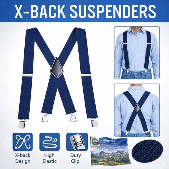 Amerteer Heavy Duty Clip Suspenders for Men - Men's Adjustable X Back Mens Suspenders Straps with Clips