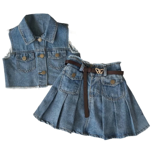 Gaexia Girls Fall Clothes ,Girls Summer Denim Outfit Stylish Sleeveless Fringed Cardigan Pleated Skirt Set Casual Toddler Baby Clothes for 2-8 Years