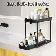 2-Tier Pull-Out Organizer, Multi-Purpose Kitchen Spice Rack & Bathroom Countertop Storage Shelf with Hooks, Space-Saving Under Sink Organizer for Toiletries, Cleaning Supplies, Black