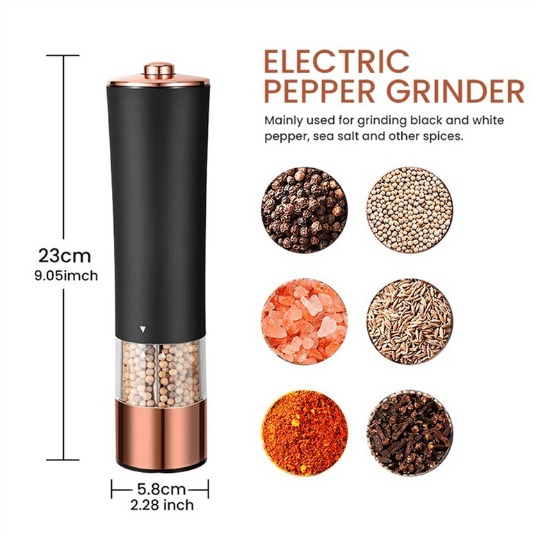 COKUNST Electric Pepper and Salt Grinder Set, Battery Powered Adjustable 5  Levels of Coarseness Black Pepper Grinder Mill with Stand, Automatic