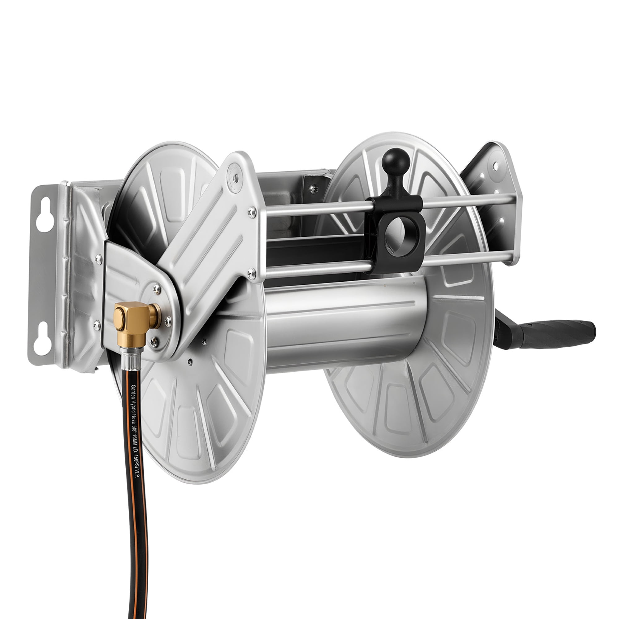 304 Stainless Steel Wall-Mount Hose Reel, Holds 150ft 5/8" Hose, Manual Crank Garden Hose Reel with Nylon Guide