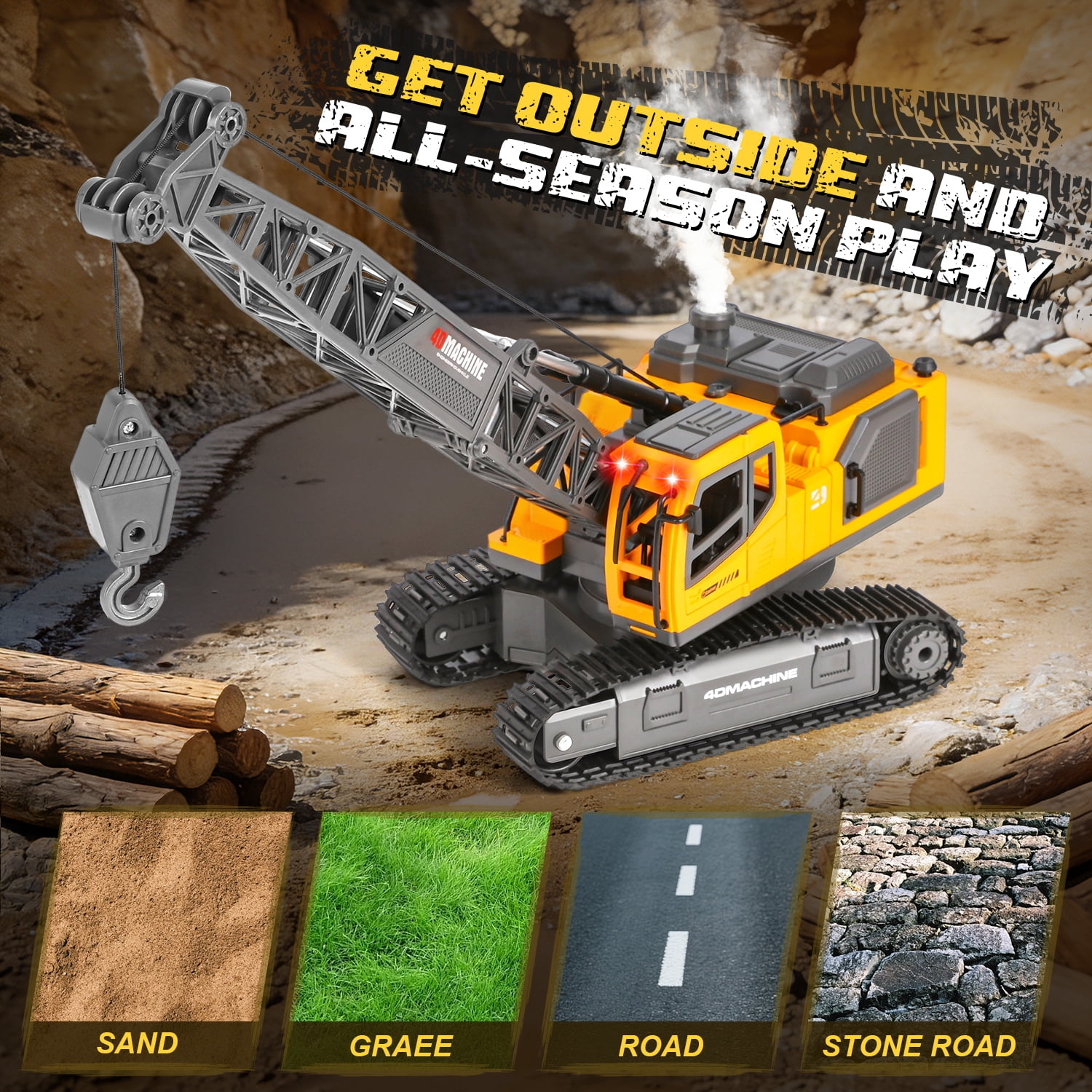 Freecat RC Crane Toy for Boys 3-8 Years, 1:18 Scale Remote Control Construction Vehicle with Light & Sound, Rechargeable STEM Educational Toy, Kids Construction Truck Gift for Birthday Christmas.