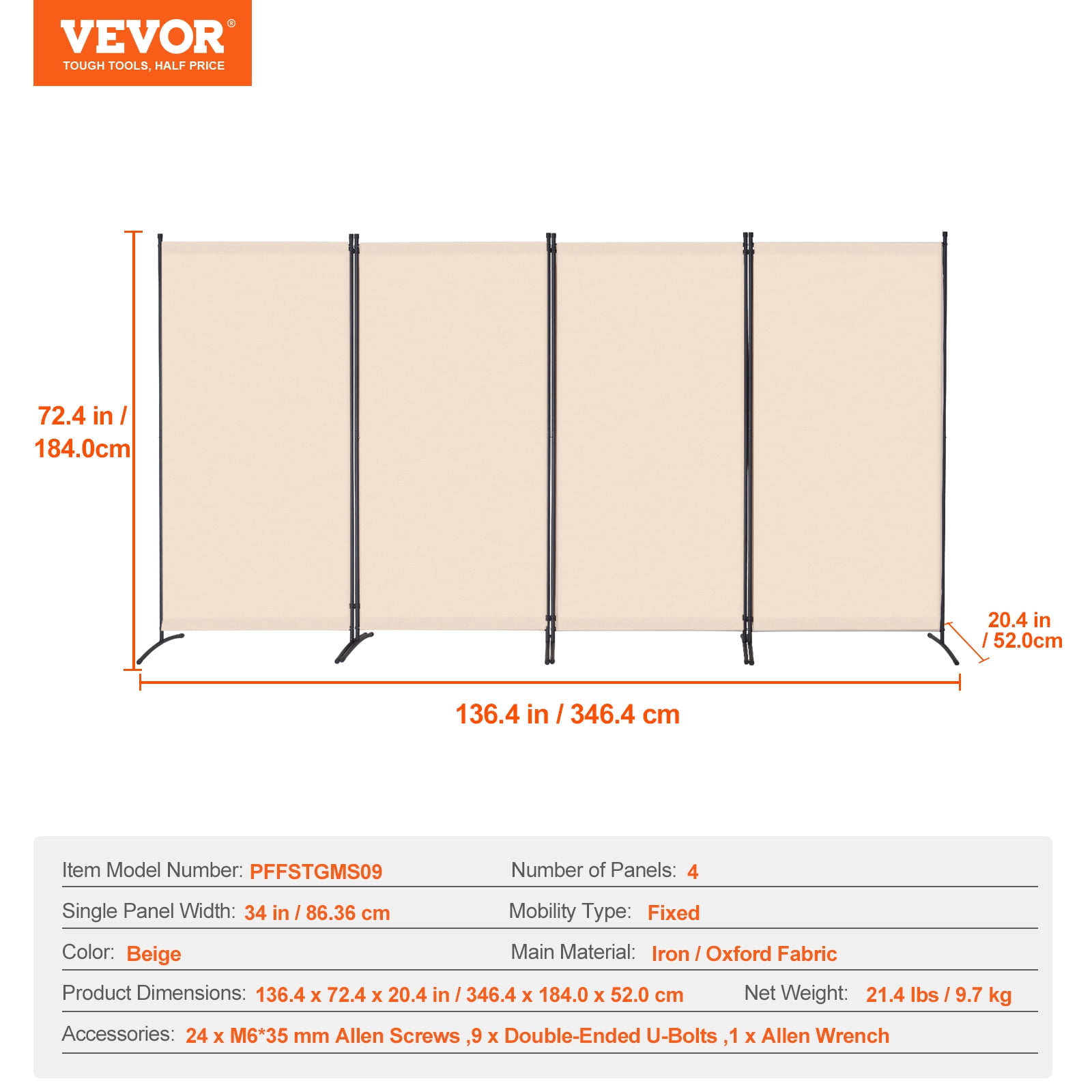 VEVOR Room Divider, 4 Panel Room Divider, Folding Privacy Screen and Portable Partition Divider for Room Separation, Freestanding Room Partitions for Office, Bedroom, Study, Beige