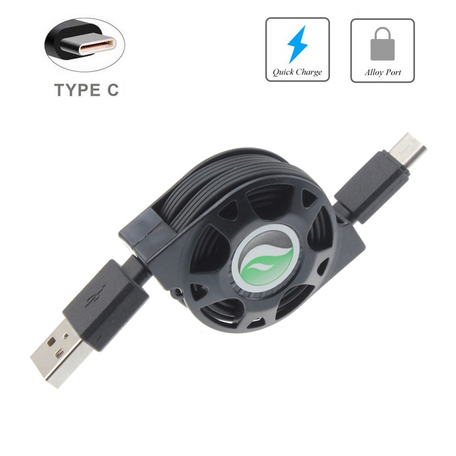 Type-C Retractable USB Cable w Fast USB Port 18W Car Charger V1Z for LG Stylo 4 Plus - Microsoft Surface Go (10"), Lumia 950 - Motorola One, Moto Z4 Z3 Play Z2 Play Z Play Droid Force Droid X4