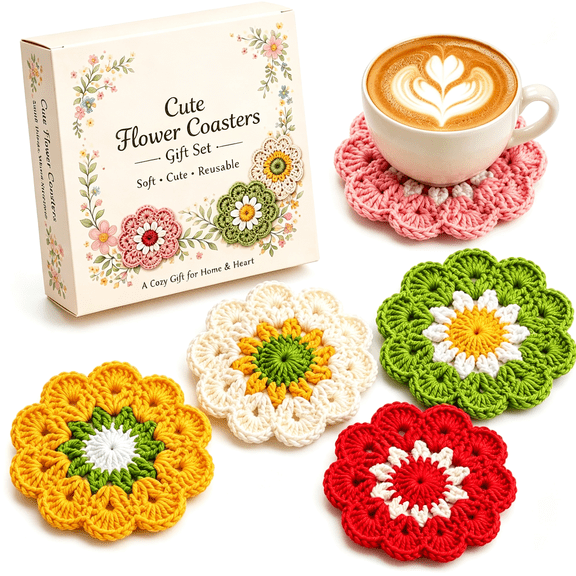 NORIZF Coasters for Drinks Set of 5,Cute Flower Crochet Drink Coasters for Coffee Table&Desk,Absorbent Coaster Set for Coffee Mugs,Tabletop Protection,Aesthetic Home Decor,Gifts for Women