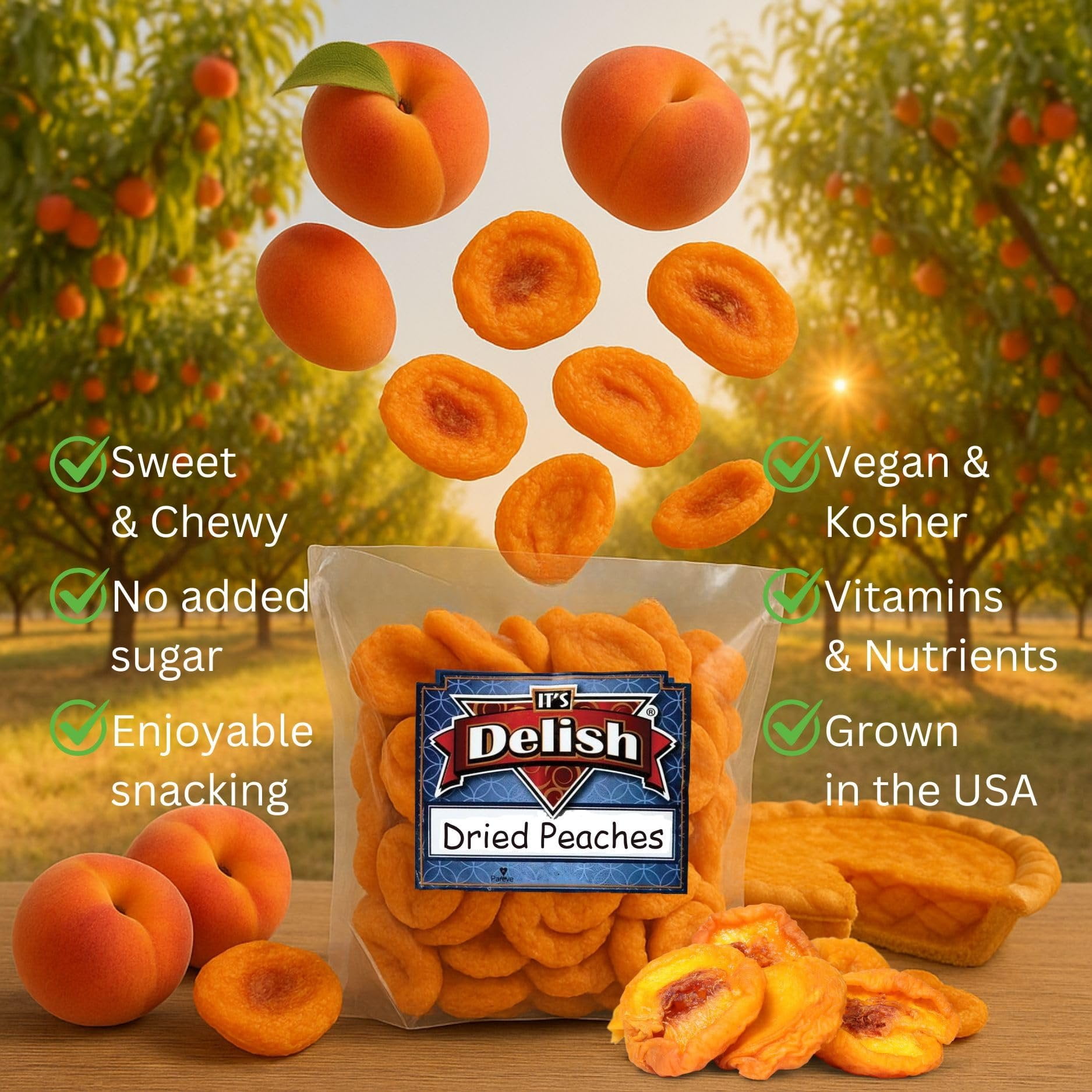Dried Peaches by It's Delish, 1 Lb 16 Oz Bag  Naturally Sweet Fancy Peach Halves Slices, No Sugar Added, Dried Fruit Healthy Snacks Fresh and Dry Sliced Peaches Snack  Vegan, Kosher